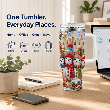 #pl[40oz|White] Jeweled Snowman Friends 40oz Tumbler with Handle, Christmas Travel Cup