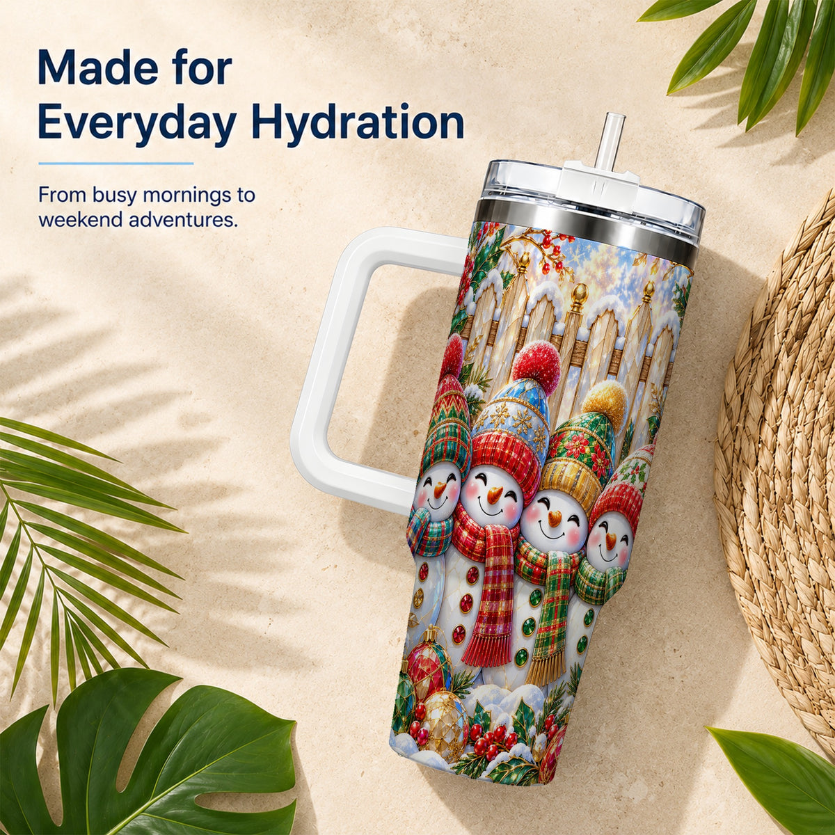#pl[40oz|White] Jeweled Snowman Friends 40oz Tumbler with Handle, Christmas Travel Cup