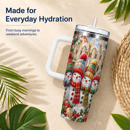 #pl[40oz|White] Jeweled Snowman Friends 40oz Tumbler with Handle, Christmas Travel Cup