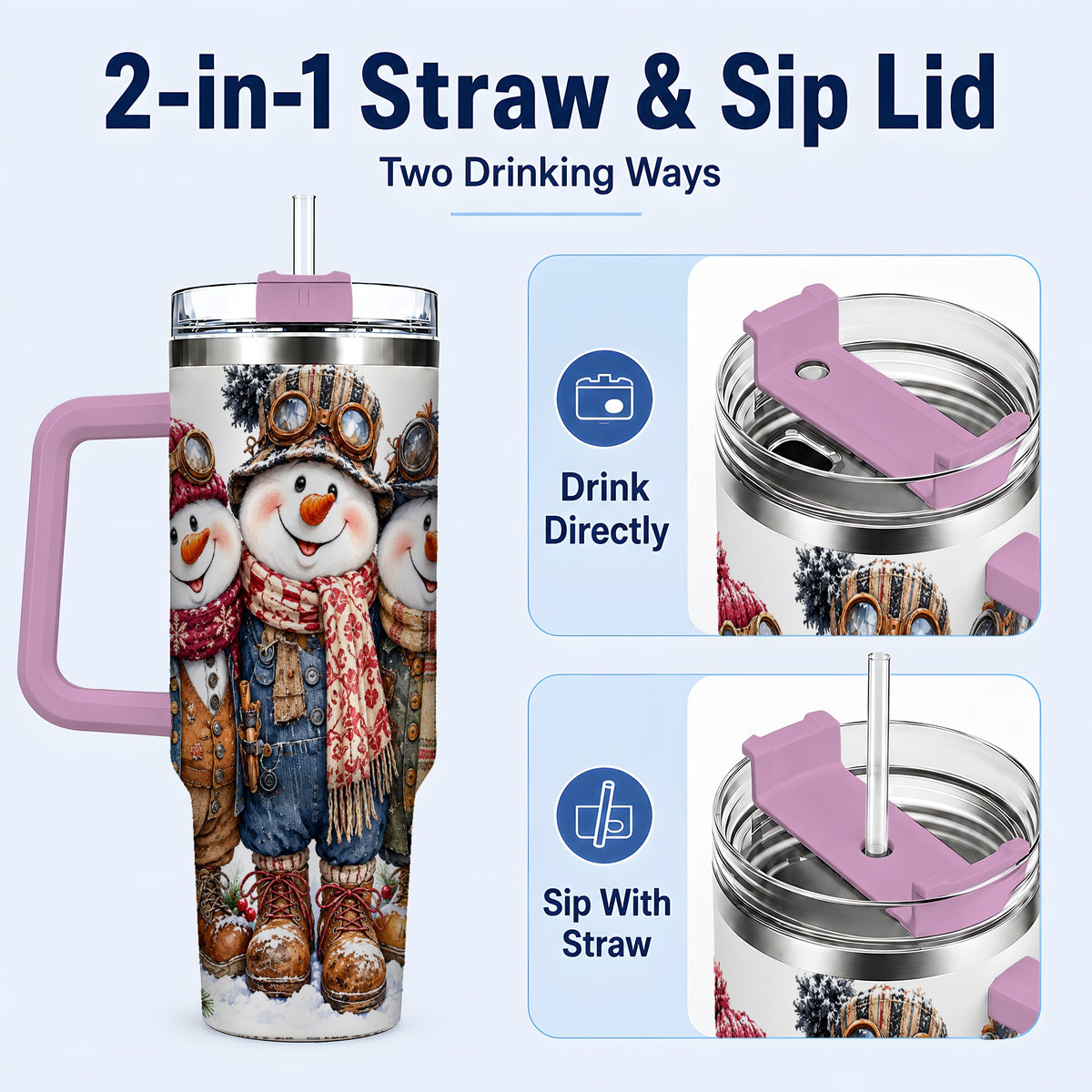 #pl[40oz|Pink] Steampunk Snowman 40oz Tumbler, Winter Stainless Steel Travel Cup