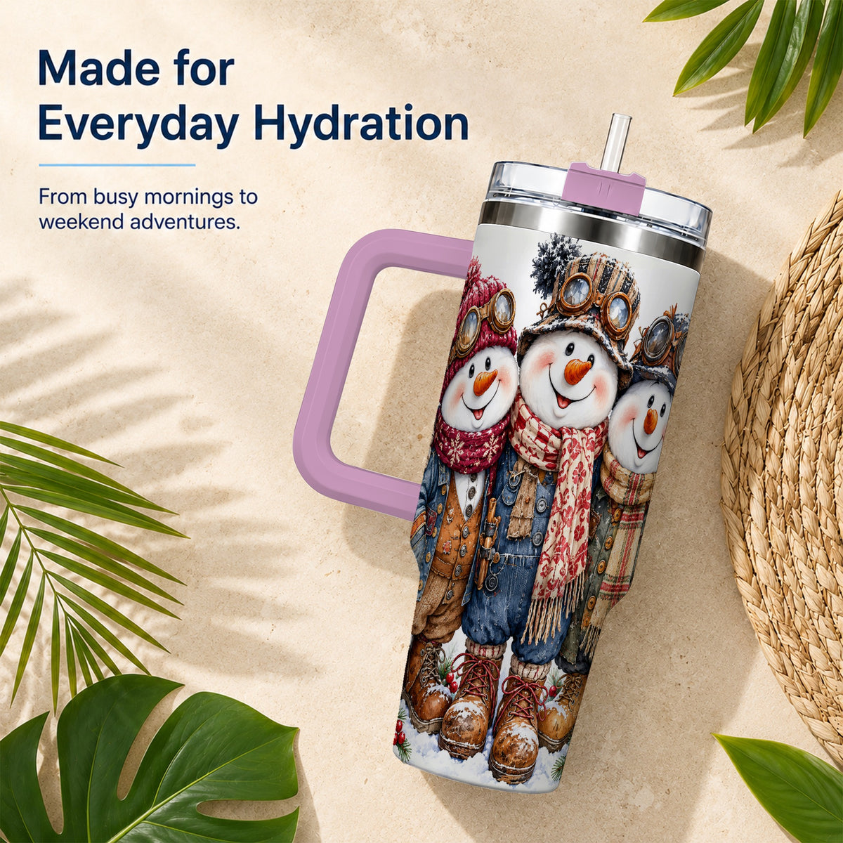 #pl[40oz|Pink] Steampunk Snowman 40oz Tumbler, Winter Stainless Steel Travel Cup