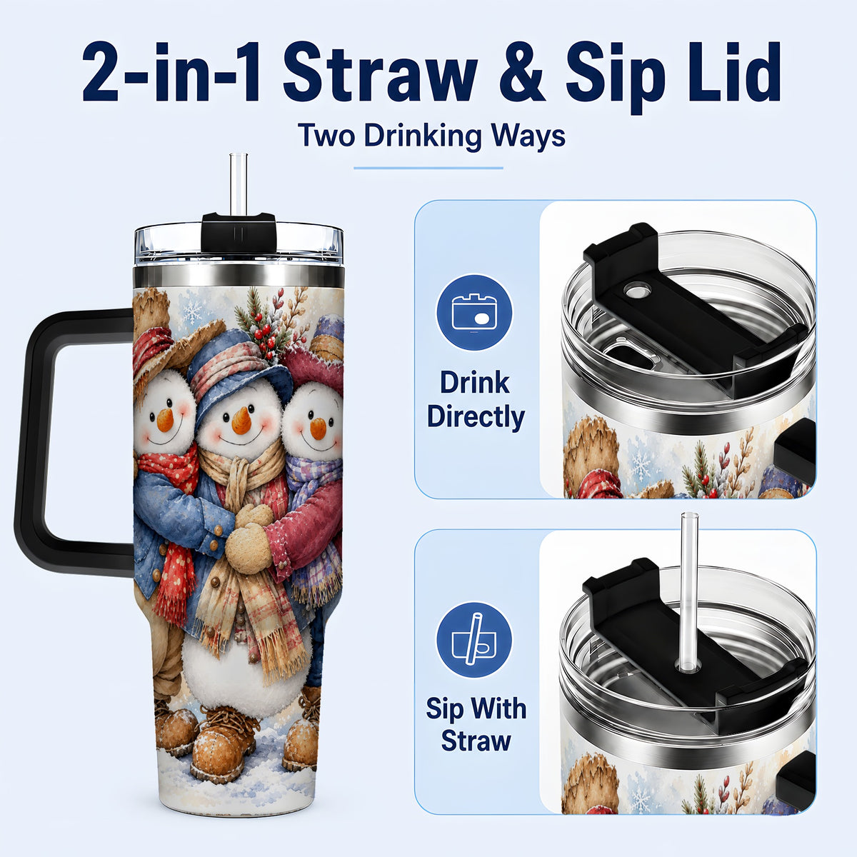 #pl[40oz|Black] Cozy Snowman Friends 40oz Tumbler, Winter Stainless Steel Travel Cup