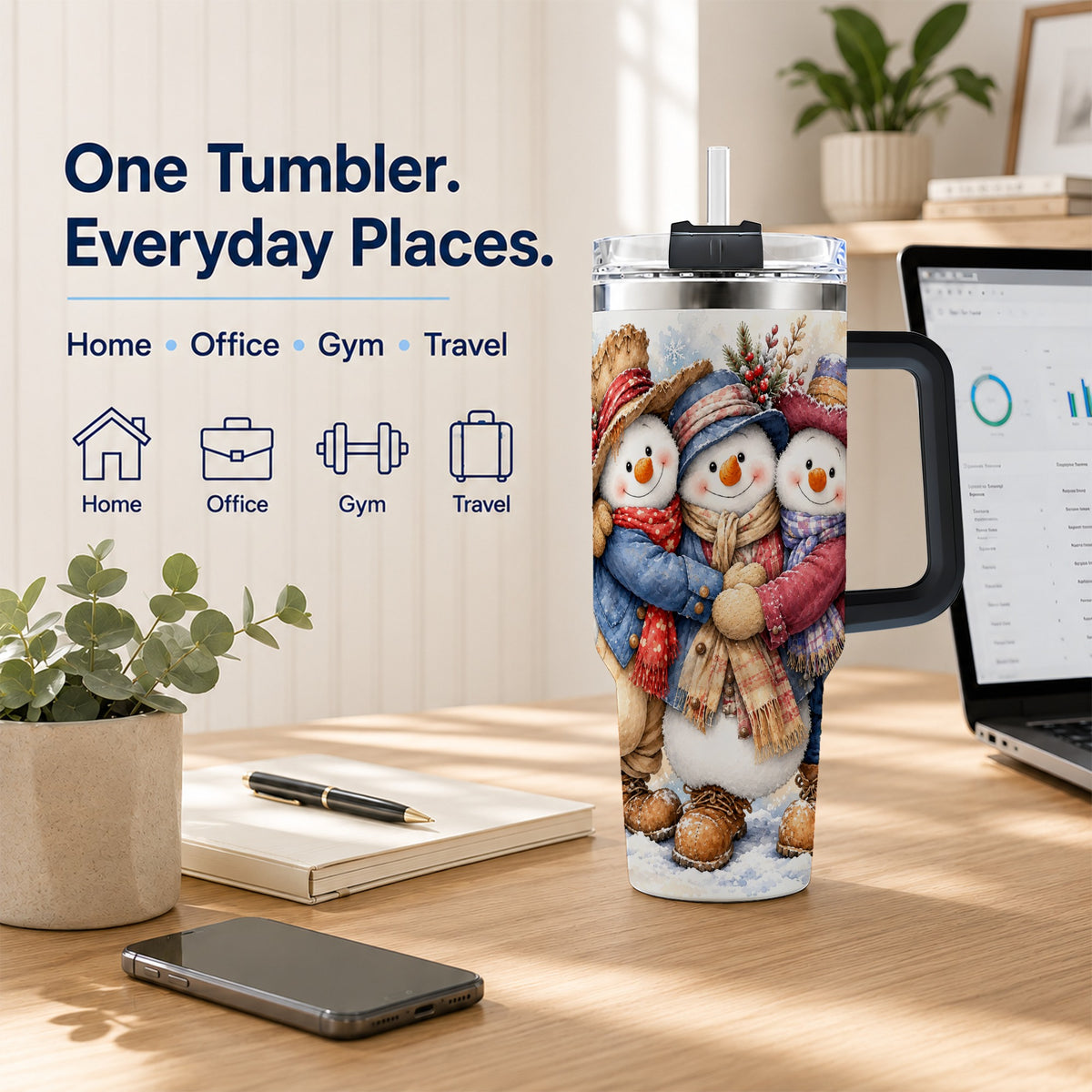 #pl[40oz|Black] Cozy Snowman Friends 40oz Tumbler, Winter Stainless Steel Travel Cup