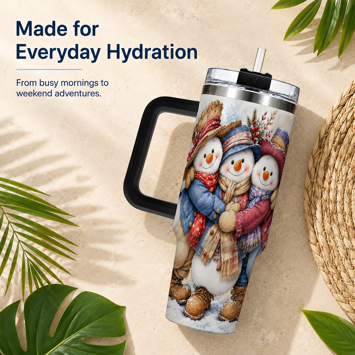 #pl[40oz|Black] Cozy Snowman Friends 40oz Tumbler, Winter Stainless Steel Travel Cup