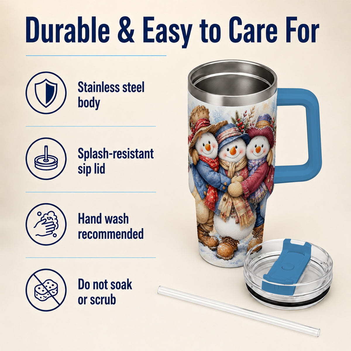 #pl[40oz|Blue] Cozy Snowman Friends 40oz Tumbler, Winter Stainless Steel Travel Cup