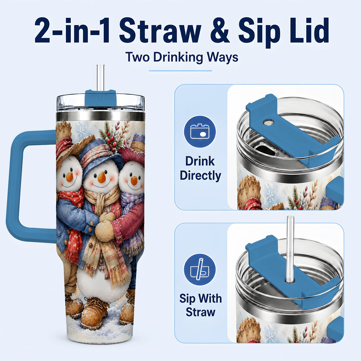 #pl[40oz|Blue] Cozy Snowman Friends 40oz Tumbler, Winter Stainless Steel Travel Cup