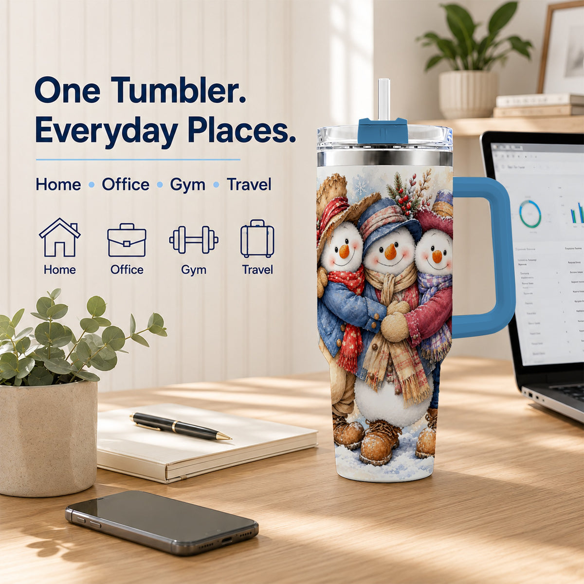 #pl[40oz|Blue] Cozy Snowman Friends 40oz Tumbler, Winter Stainless Steel Travel Cup