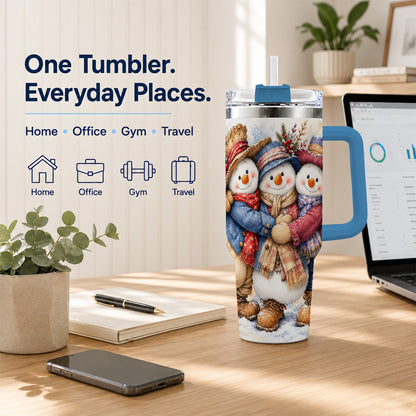 #pl[40oz|Blue] Cozy Snowman Friends 40oz Tumbler, Winter Stainless Steel Travel Cup