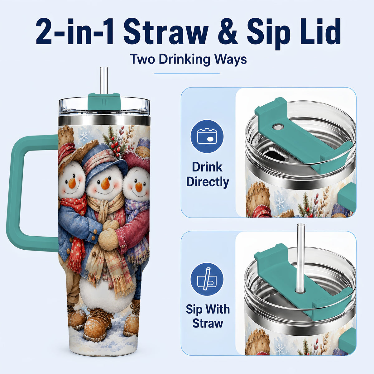 #pl[40oz|Green] Cozy Snowman Friends 40oz Tumbler, Winter Stainless Steel Travel Cup