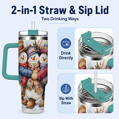 #pl[40oz|Green] Cozy Snowman Friends 40oz Tumbler, Winter Stainless Steel Travel Cup