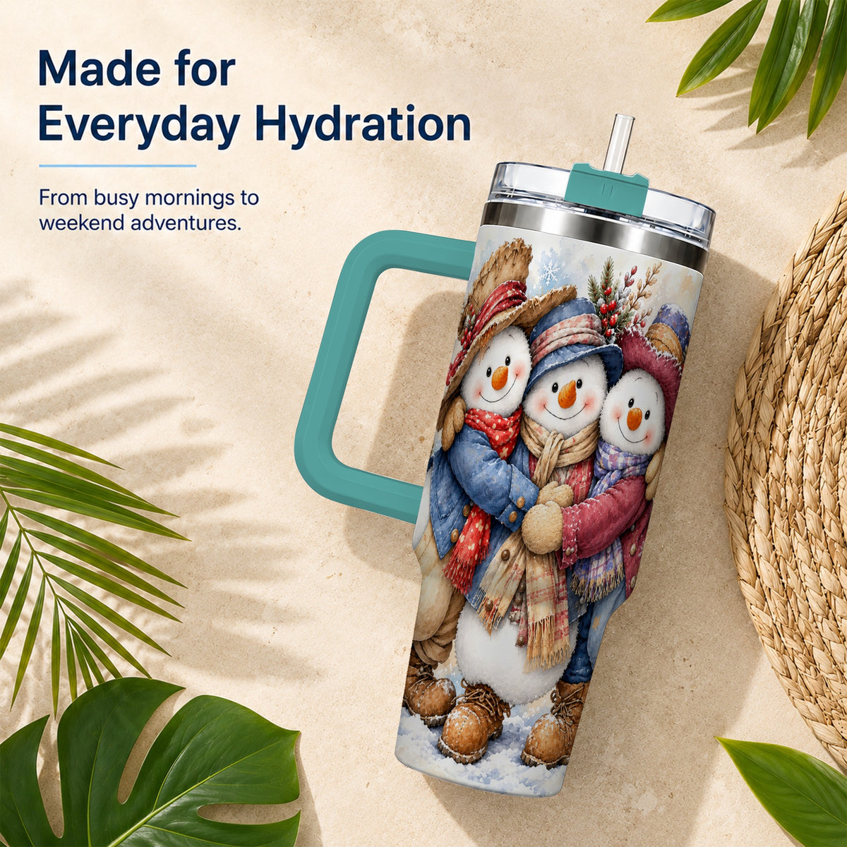 #pl[40oz|Green] Cozy Snowman Friends 40oz Tumbler, Winter Stainless Steel Travel Cup