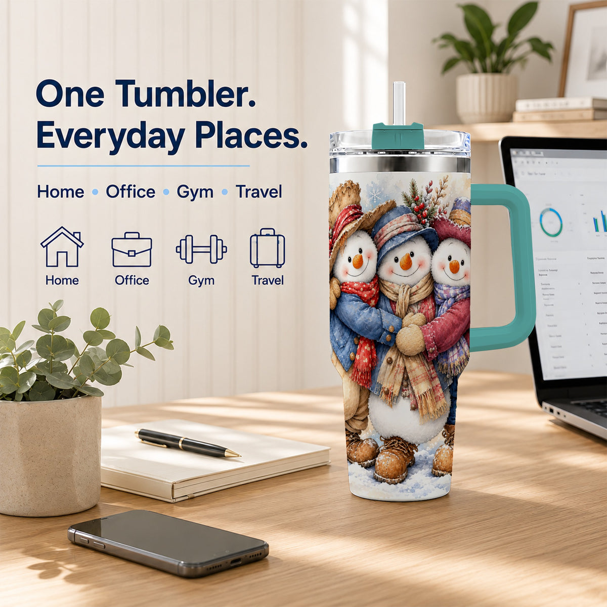 #pl[40oz|Green] Cozy Snowman Friends 40oz Tumbler, Winter Stainless Steel Travel Cup