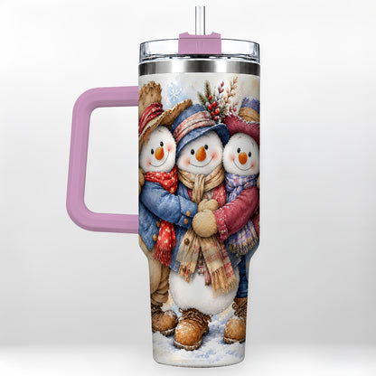 #pl[40oz|Pink] Cozy Snowman Friends 40oz Tumbler, Winter Stainless Steel Travel Cup