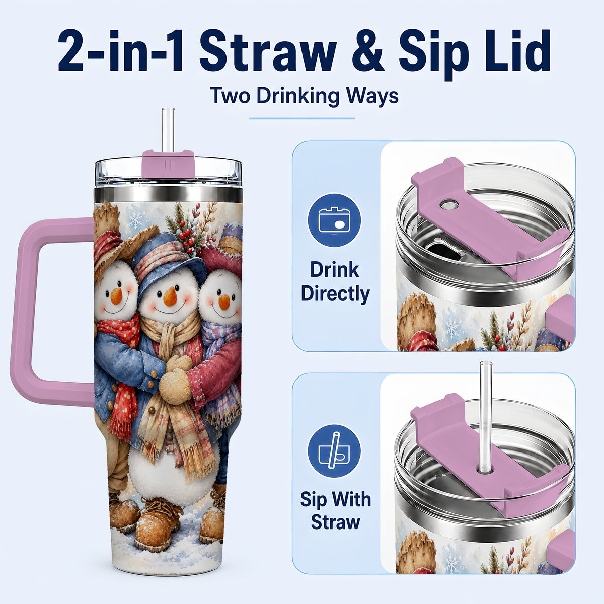 #pl[40oz|Pink] Cozy Snowman Friends 40oz Tumbler, Winter Stainless Steel Travel Cup