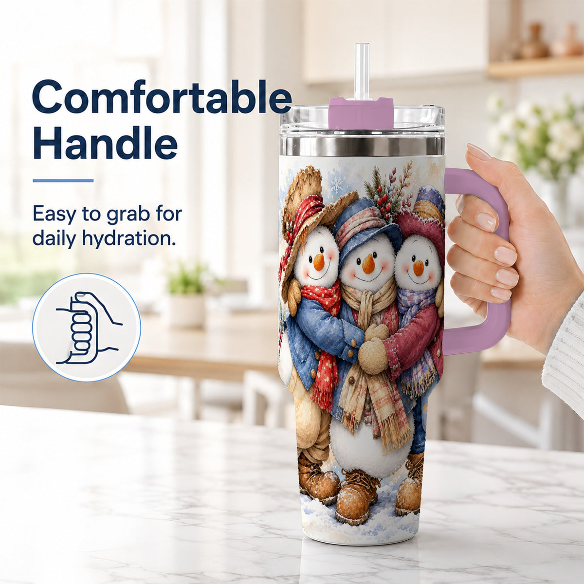 #pl[40oz|Pink] Cozy Snowman Friends 40oz Tumbler, Winter Stainless Steel Travel Cup