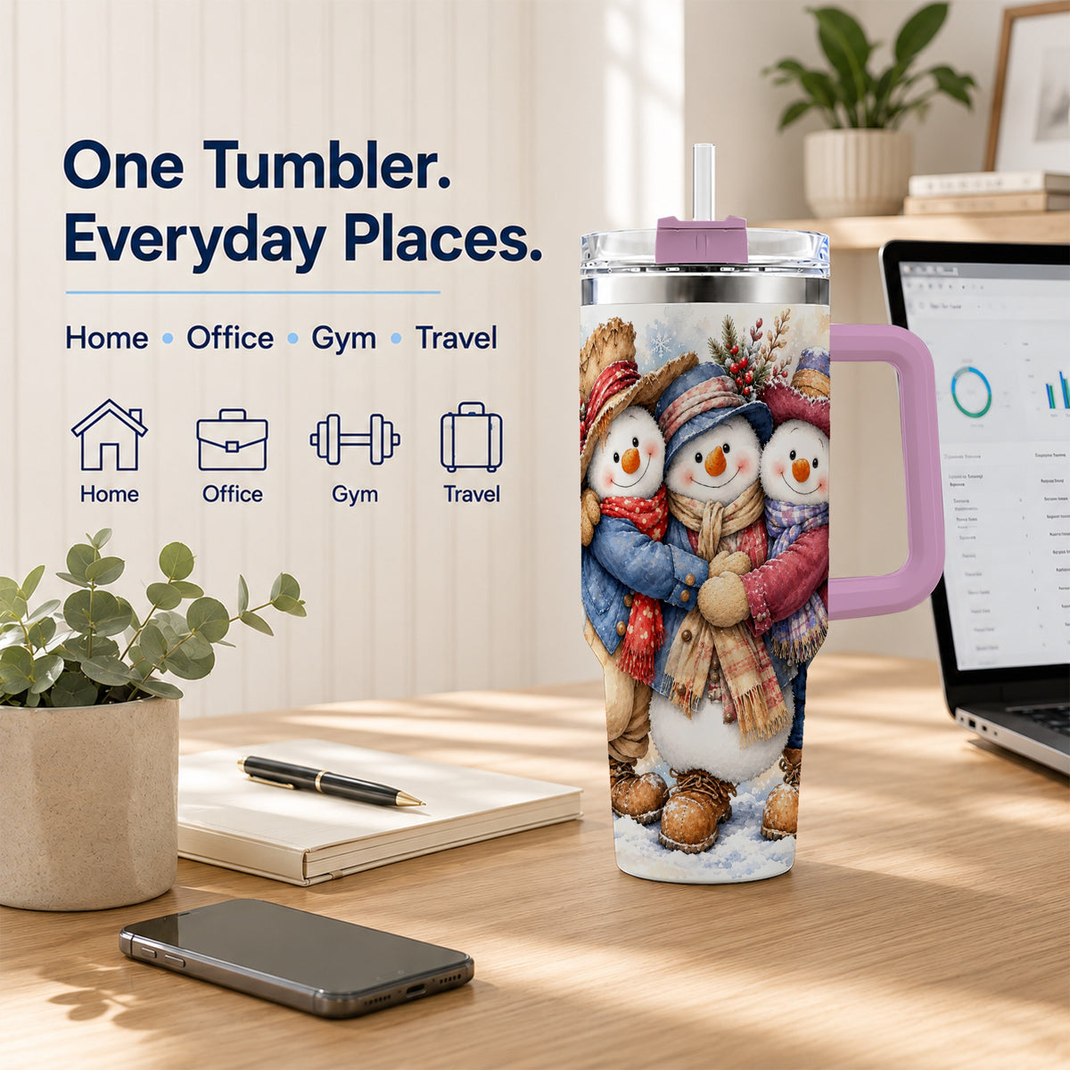 #pl[40oz|Pink] Cozy Snowman Friends 40oz Tumbler, Winter Stainless Steel Travel Cup