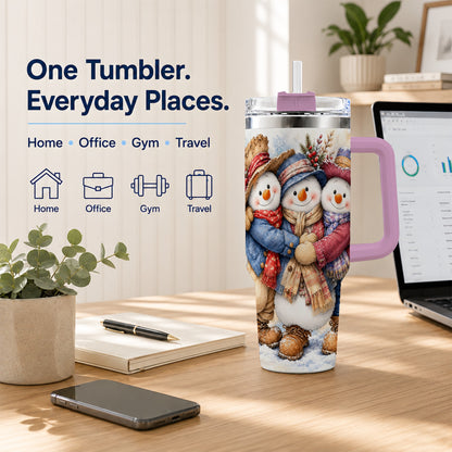 #pl[40oz|Pink] Cozy Snowman Friends 40oz Tumbler, Winter Stainless Steel Travel Cup