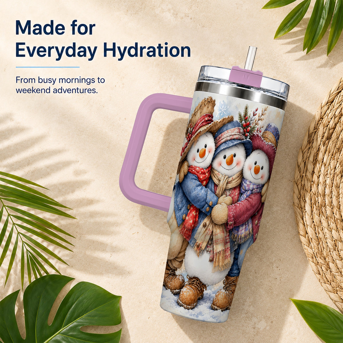 #pl[40oz|Pink] Cozy Snowman Friends 40oz Tumbler, Winter Stainless Steel Travel Cup
