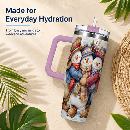 #pl[40oz|Pink] Cozy Snowman Friends 40oz Tumbler, Winter Stainless Steel Travel Cup