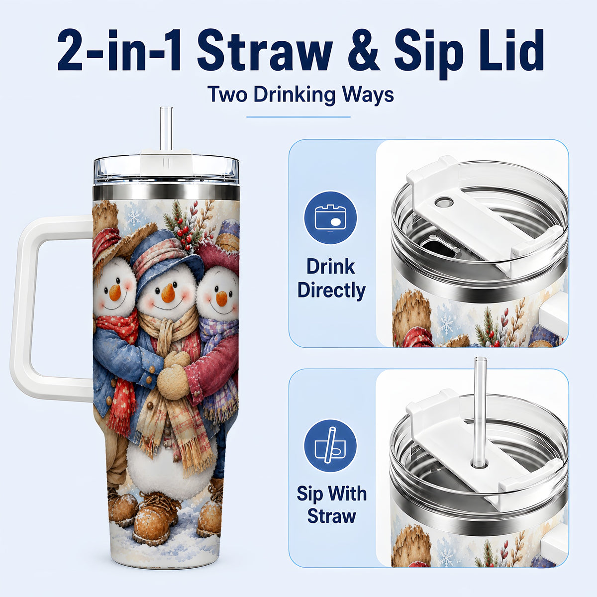 #pl[40oz|White] Cozy Snowman Friends 40oz Tumbler, Winter Stainless Steel Travel Cup