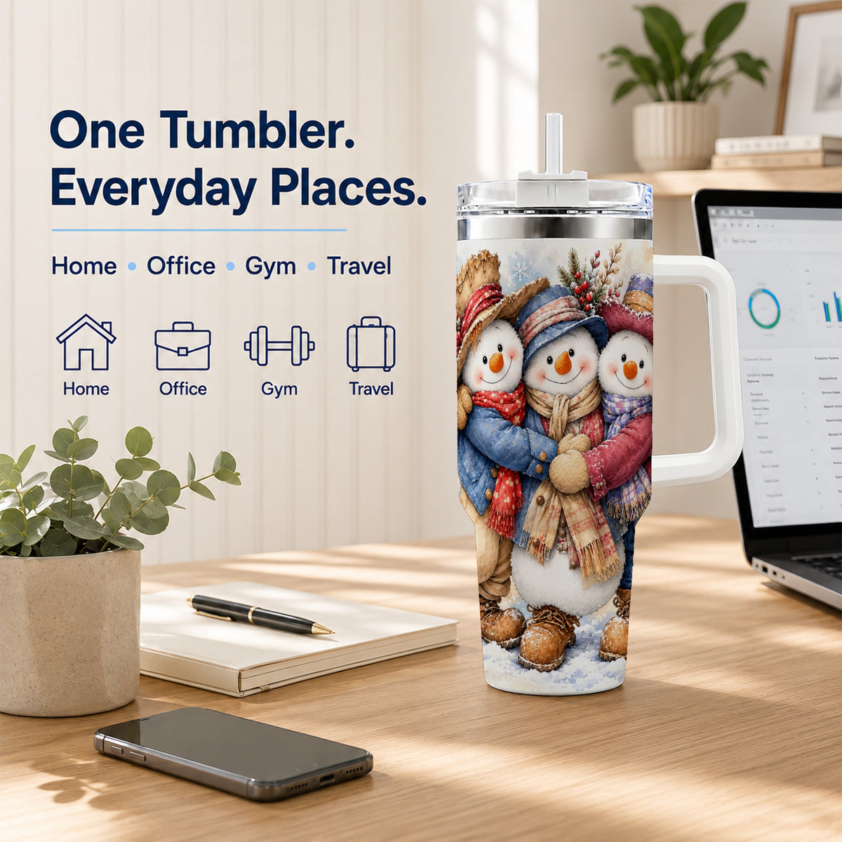 #pl[40oz|White] Cozy Snowman Friends 40oz Tumbler, Winter Stainless Steel Travel Cup
