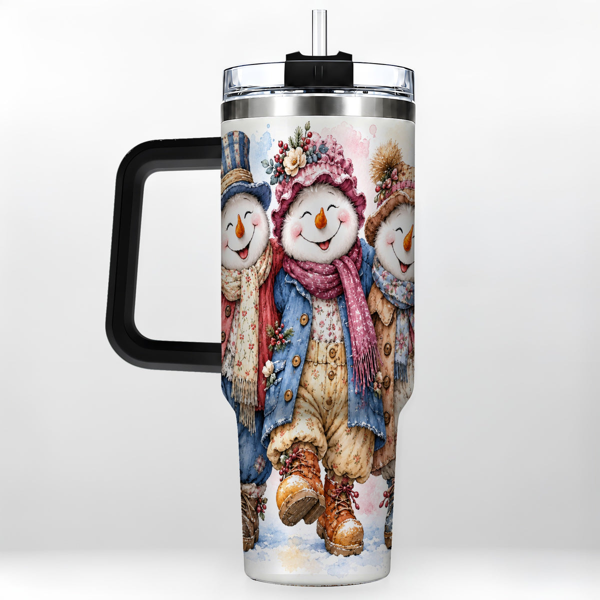 #pl[40oz|Black] Floral Snowman Trio 40oz Tumbler, Winter Stainless Steel Travel Cup