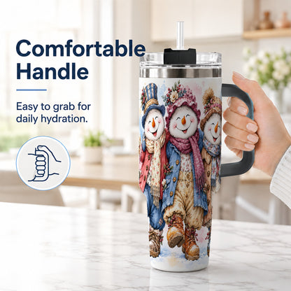 #pl[40oz|Black] Floral Snowman Trio 40oz Tumbler, Winter Stainless Steel Travel Cup