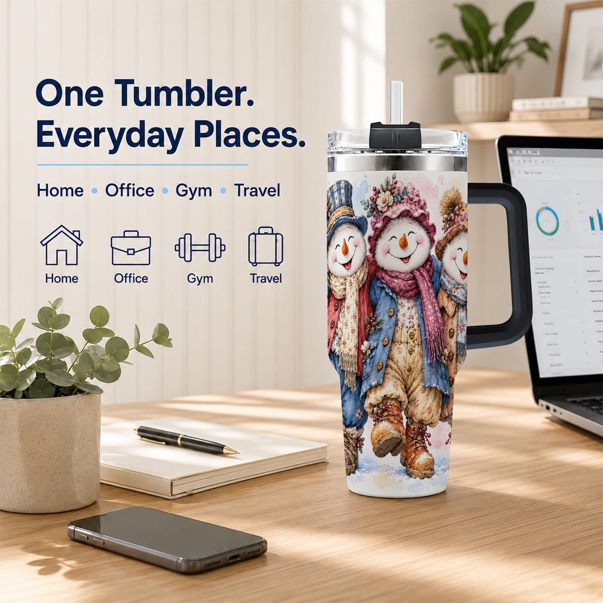 #pl[40oz|Black] Floral Snowman Trio 40oz Tumbler, Winter Stainless Steel Travel Cup