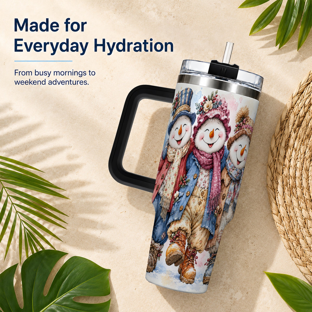 #pl[40oz|Black] Floral Snowman Trio 40oz Tumbler, Winter Stainless Steel Travel Cup