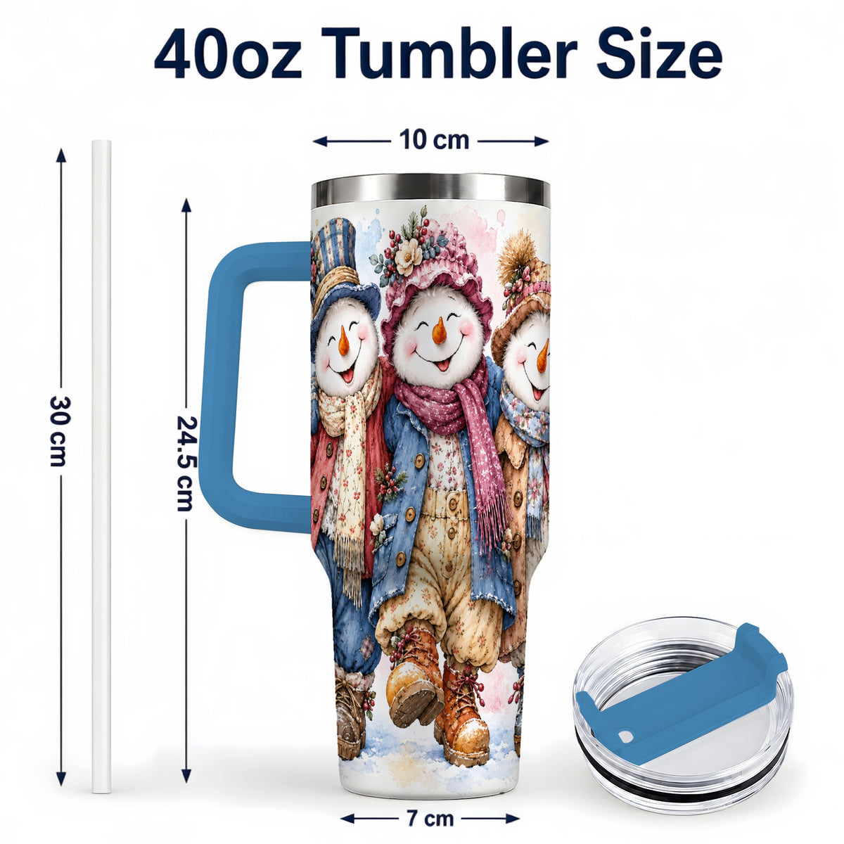 #pl[40oz|Blue] Floral Snowman Trio 40oz Tumbler, Winter Stainless Steel Travel Cup
