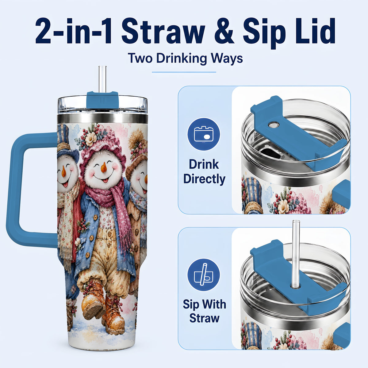 #pl[40oz|Blue] Floral Snowman Trio 40oz Tumbler, Winter Stainless Steel Travel Cup