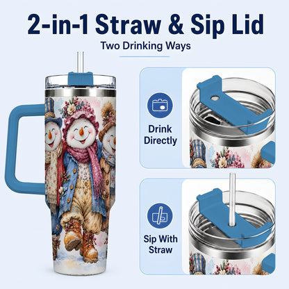 #pl[40oz|Blue] Floral Snowman Trio 40oz Tumbler, Winter Stainless Steel Travel Cup