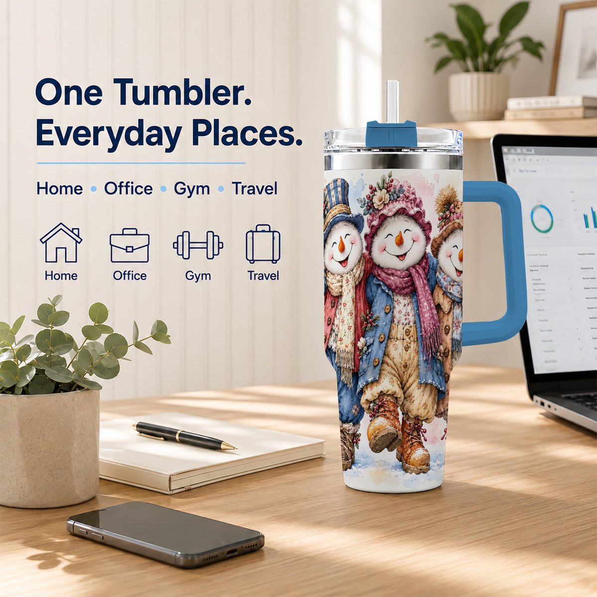 #pl[40oz|Blue] Floral Snowman Trio 40oz Tumbler, Winter Stainless Steel Travel Cup