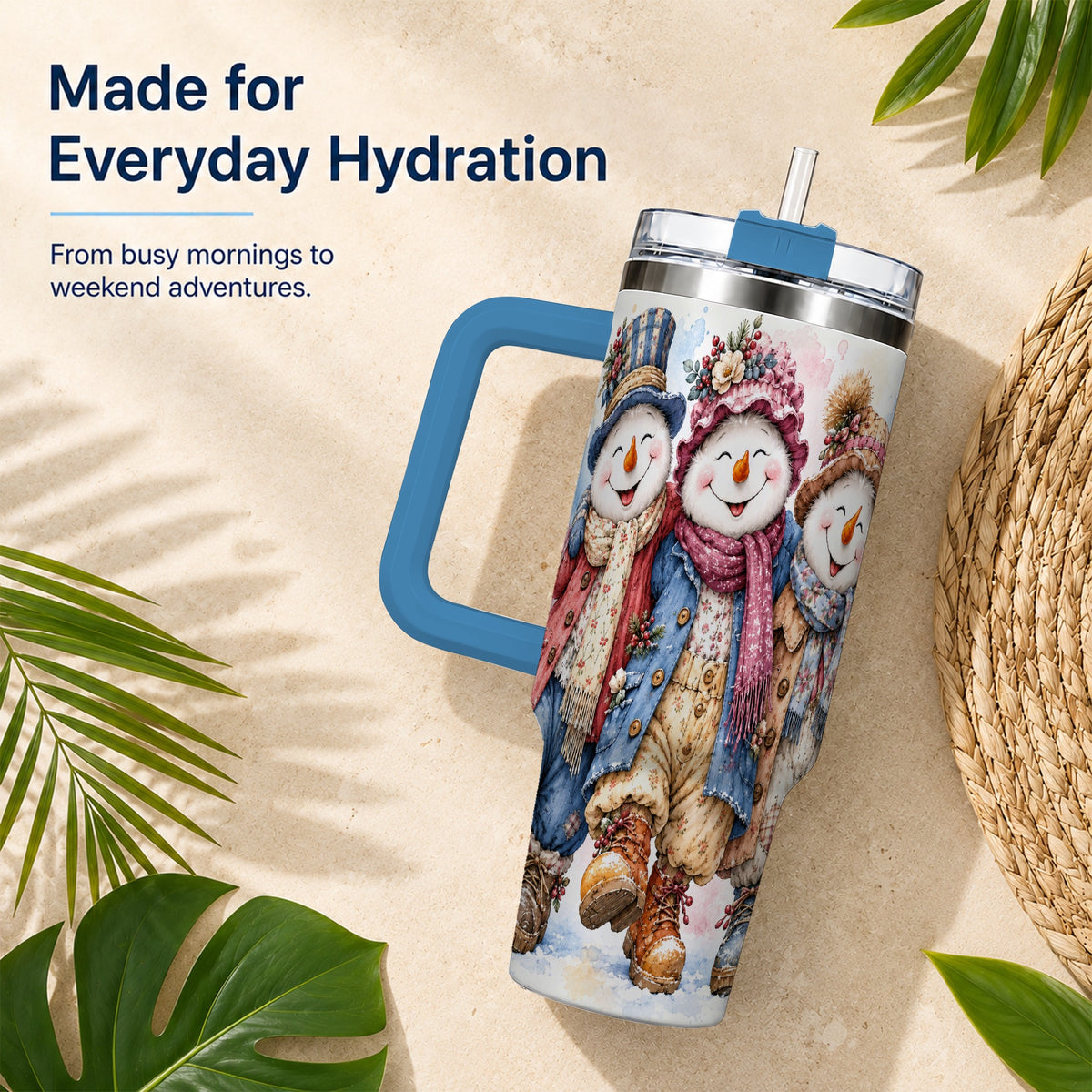 #pl[40oz|Blue] Floral Snowman Trio 40oz Tumbler, Winter Stainless Steel Travel Cup
