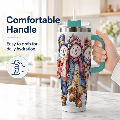 #pl[40oz|Green] Floral Snowman Trio 40oz Tumbler, Winter Stainless Steel Travel Cup