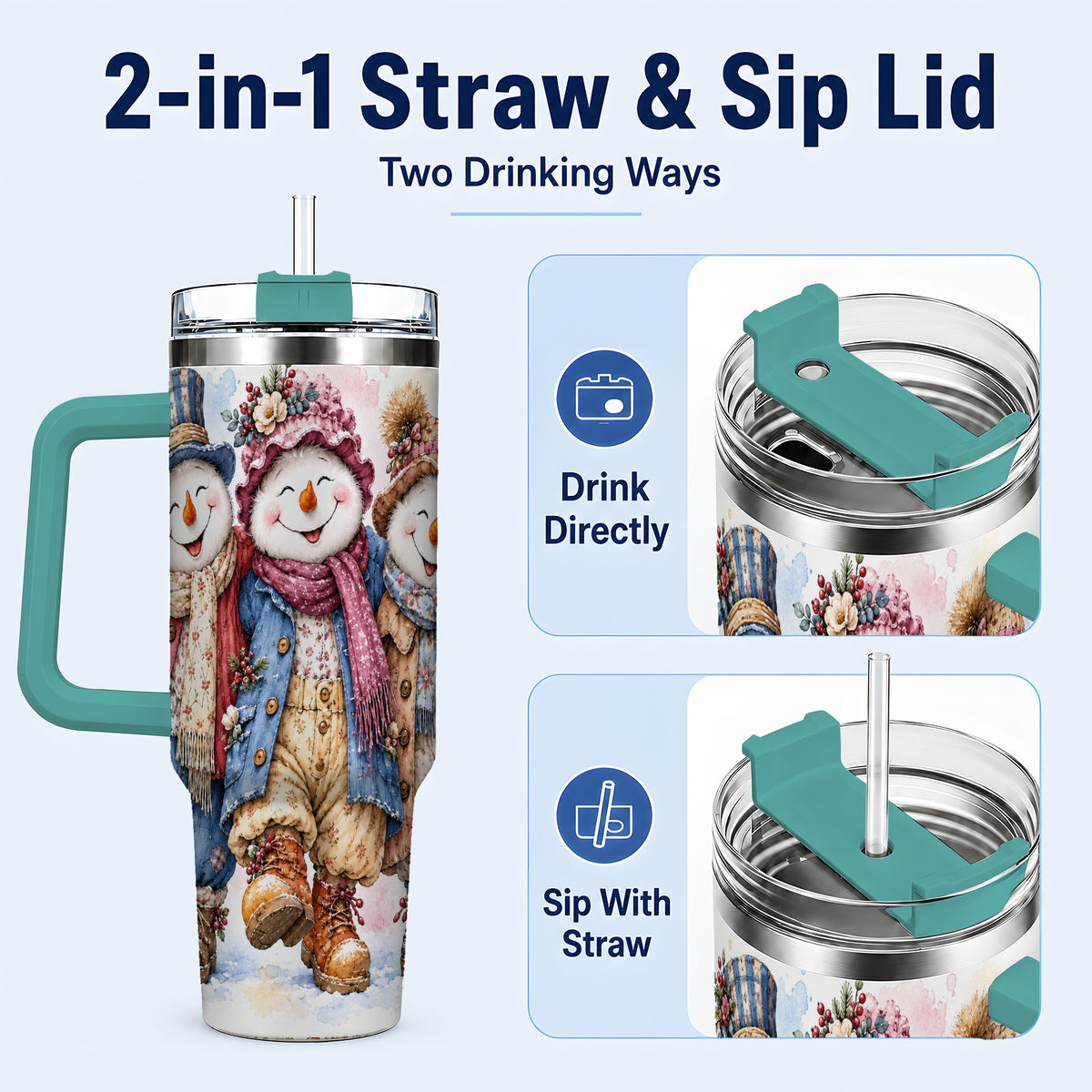 #pl[40oz|Green] Floral Snowman Trio 40oz Tumbler, Winter Stainless Steel Travel Cup