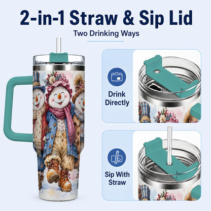 #pl[40oz|Green] Floral Snowman Trio 40oz Tumbler, Winter Stainless Steel Travel Cup