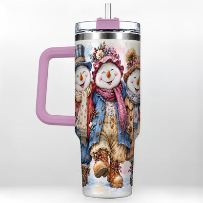 #pl[40oz|Pink] Floral Snowman Trio 40oz Tumbler, Winter Stainless Steel Travel Cup