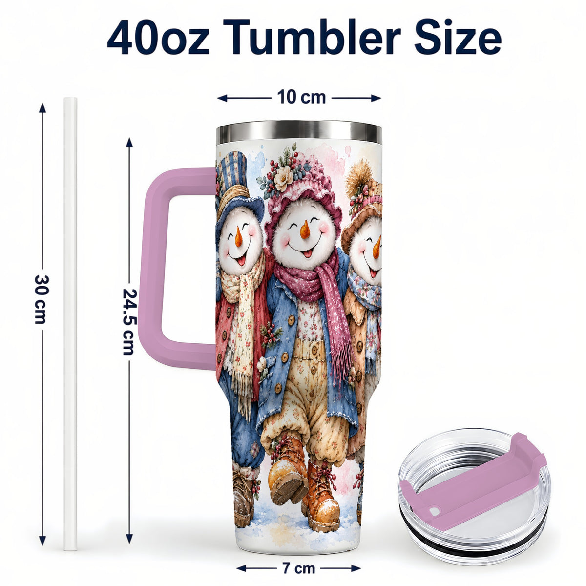 #pl[40oz|Pink] Floral Snowman Trio 40oz Tumbler, Winter Stainless Steel Travel Cup