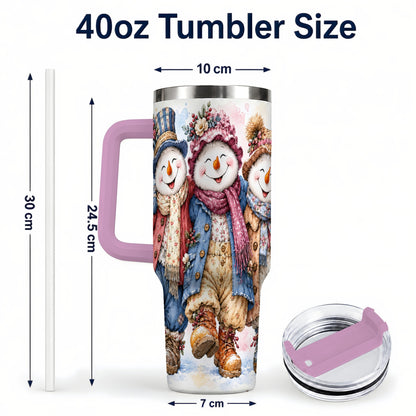 #pl[40oz|Pink] Floral Snowman Trio 40oz Tumbler, Winter Stainless Steel Travel Cup