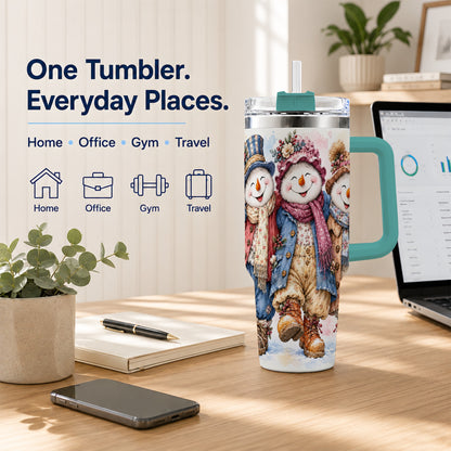#pl[40oz|Green] Floral Snowman Trio 40oz Tumbler, Winter Stainless Steel Travel Cup