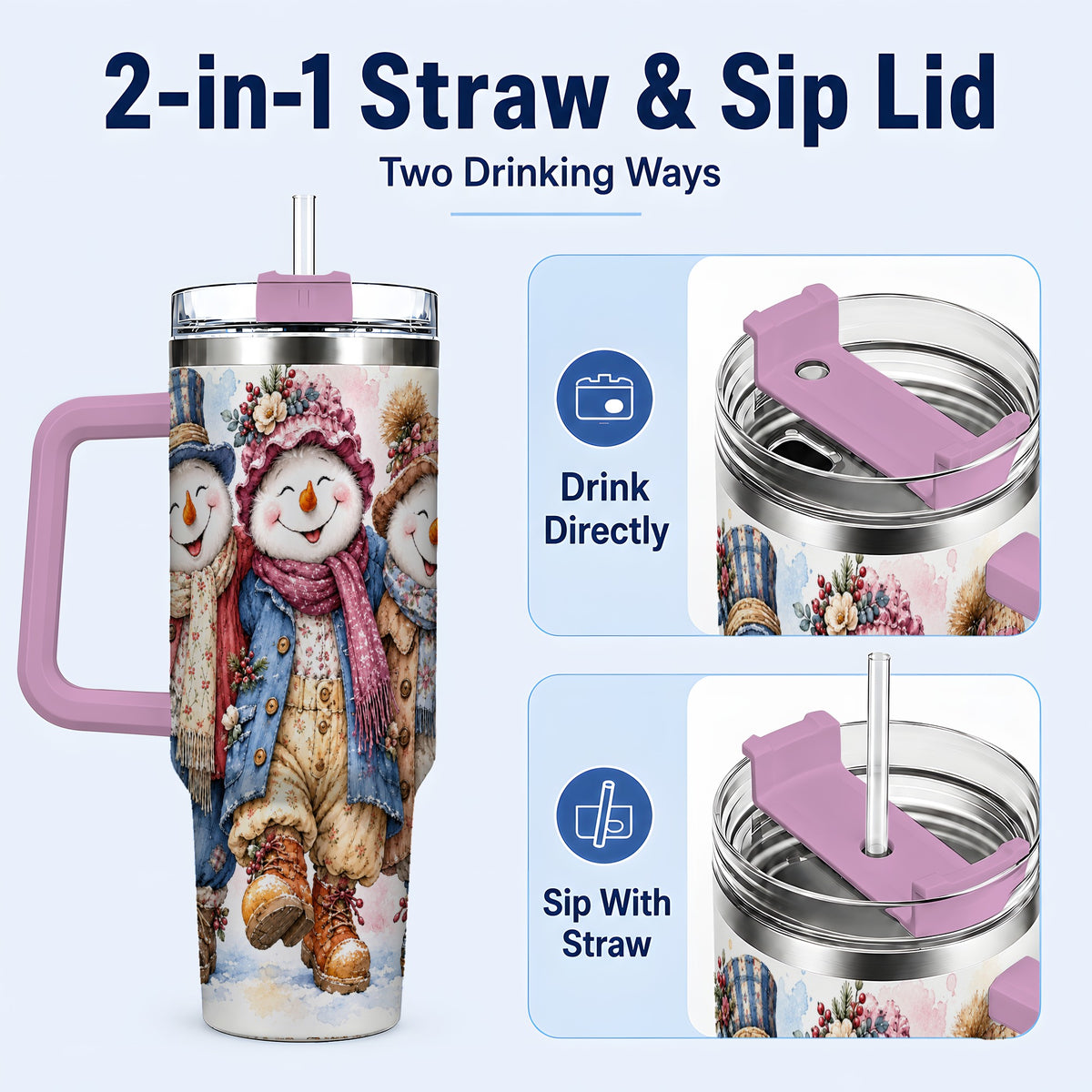 #pl[40oz|Pink] Floral Snowman Trio 40oz Tumbler, Winter Stainless Steel Travel Cup