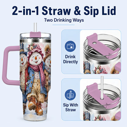 #pl[40oz|Pink] Floral Snowman Trio 40oz Tumbler, Winter Stainless Steel Travel Cup
