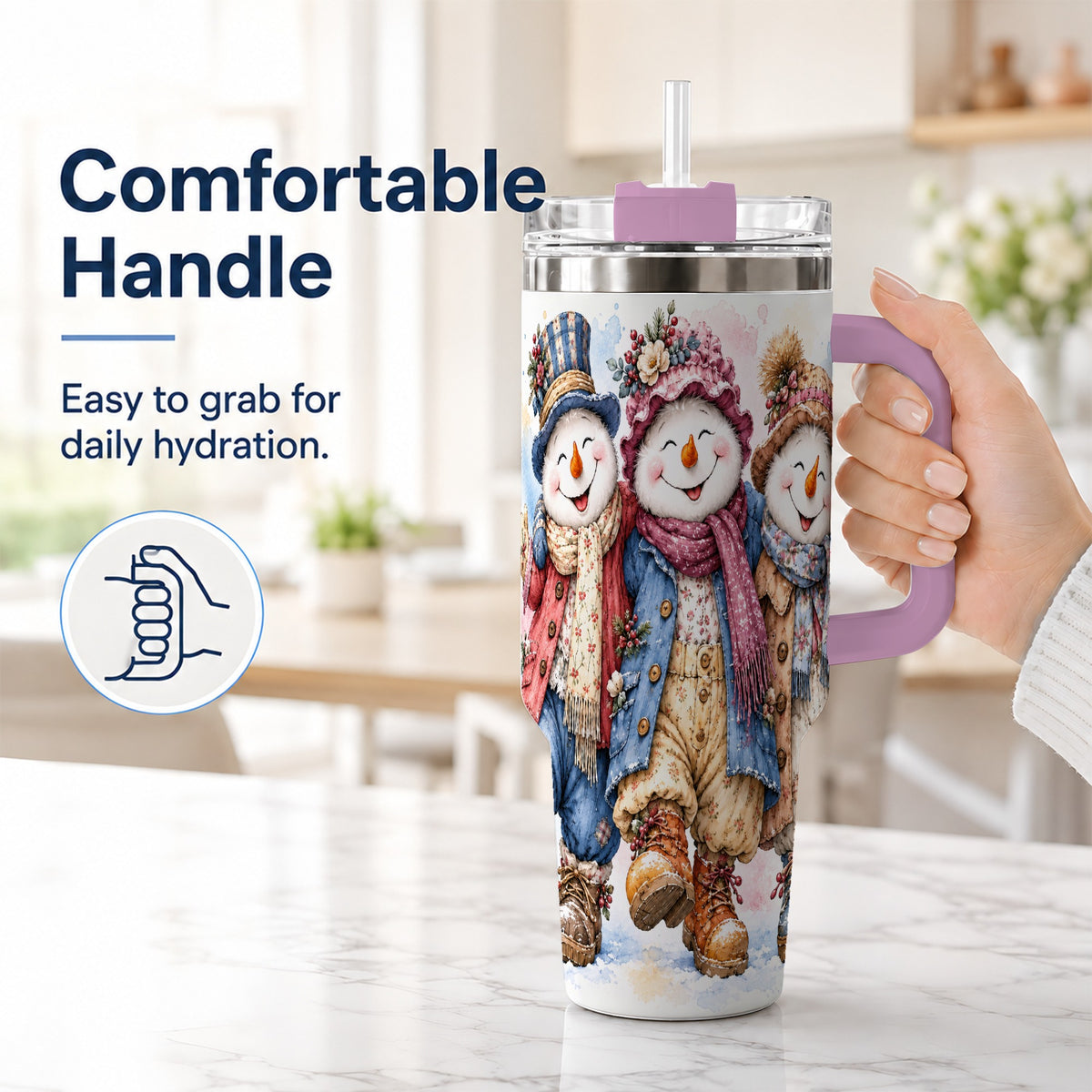 #pl[40oz|Pink] Floral Snowman Trio 40oz Tumbler, Winter Stainless Steel Travel Cup