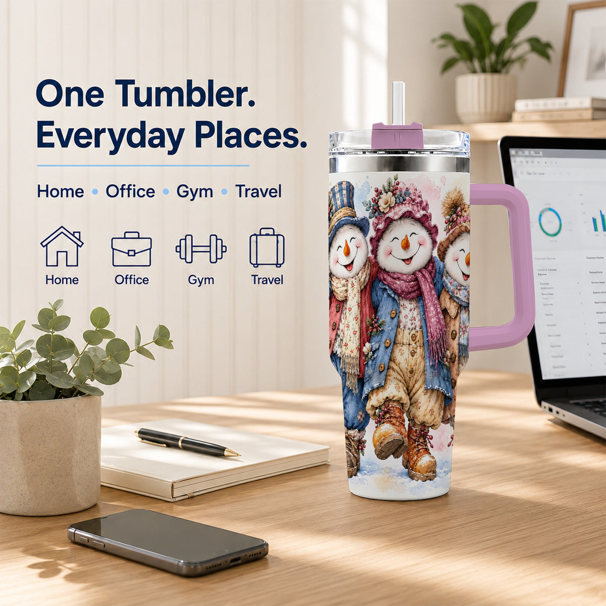 #pl[40oz|Pink] Floral Snowman Trio 40oz Tumbler, Winter Stainless Steel Travel Cup
