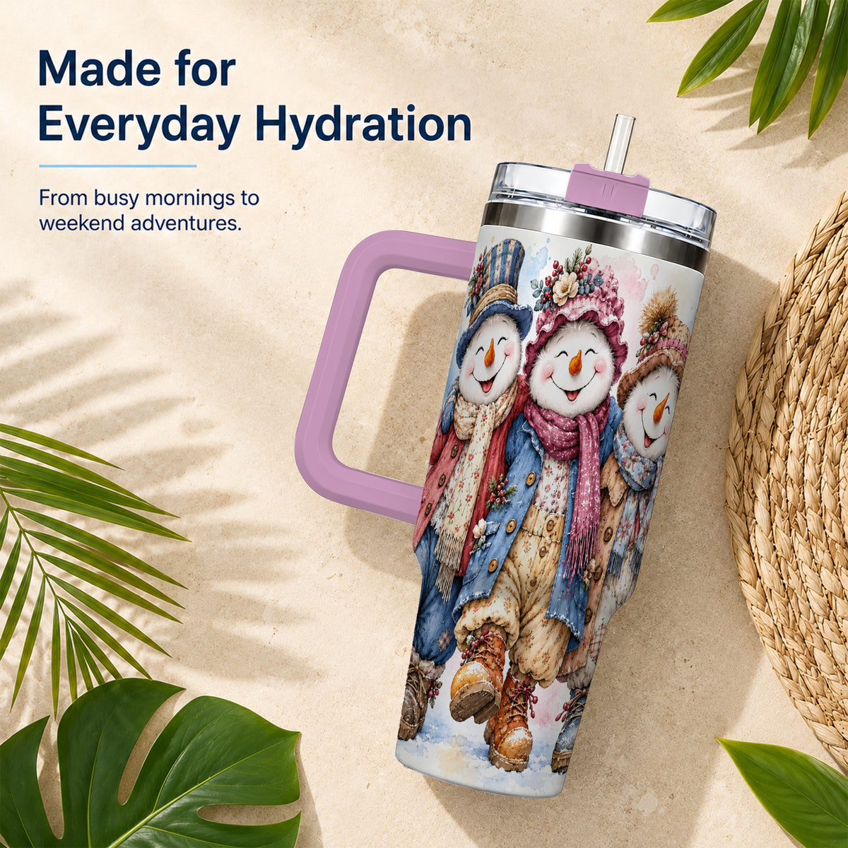 #pl[40oz|Pink] Floral Snowman Trio 40oz Tumbler, Winter Stainless Steel Travel Cup
