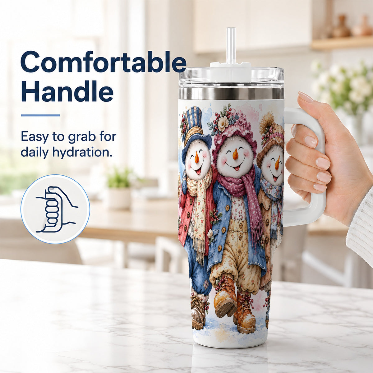 #pl[40oz|White] Floral Snowman Trio 40oz Tumbler, Winter Stainless Steel Travel Cup