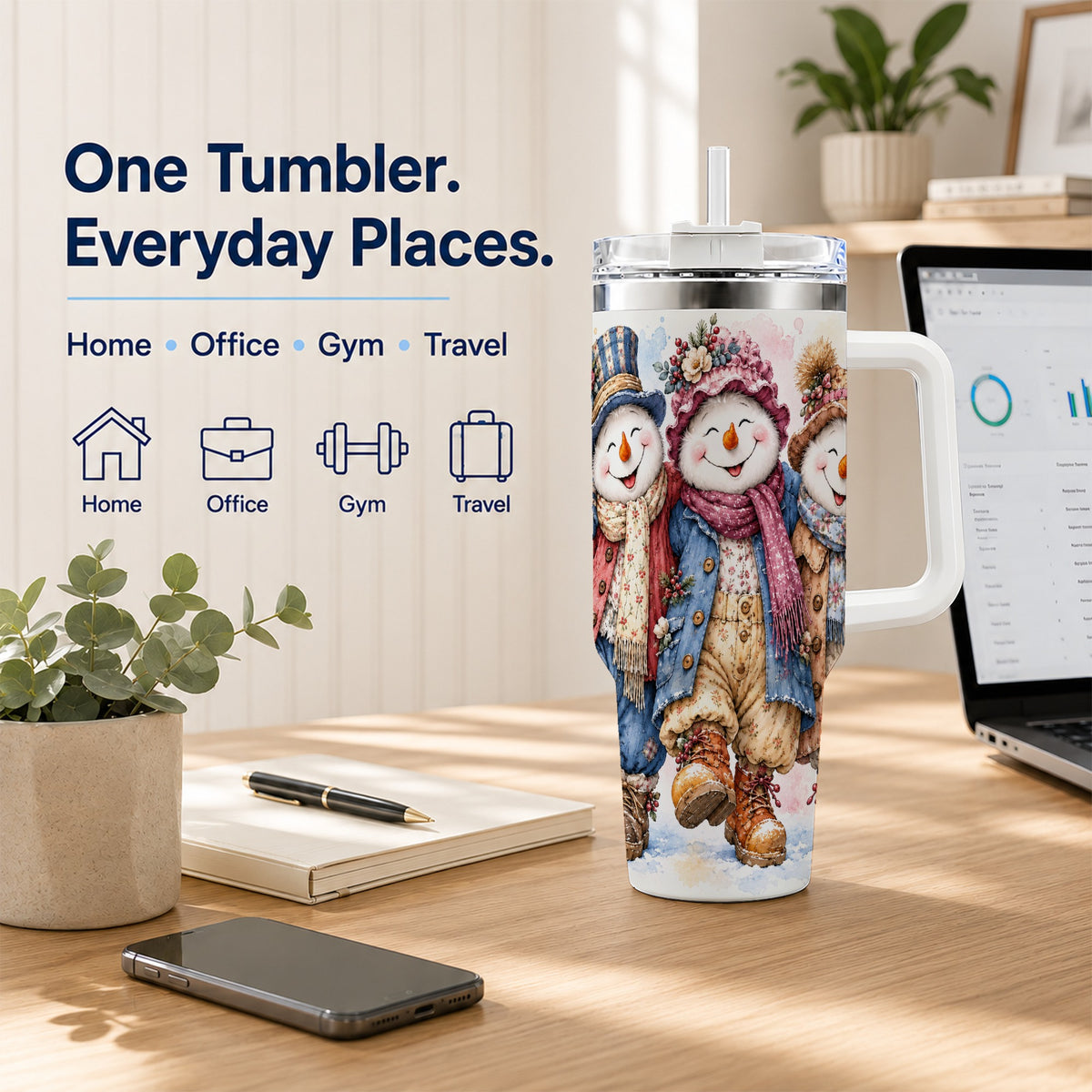 #pl[40oz|White] Floral Snowman Trio 40oz Tumbler, Winter Stainless Steel Travel Cup