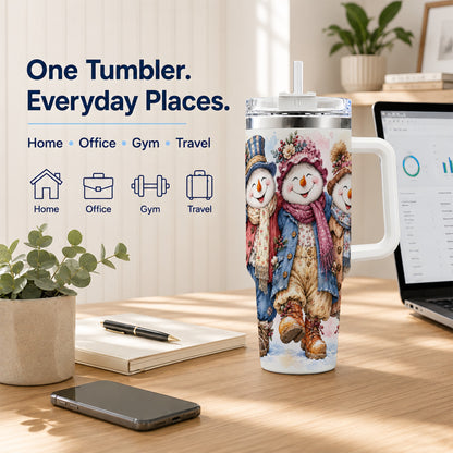 #pl[40oz|White] Floral Snowman Trio 40oz Tumbler, Winter Stainless Steel Travel Cup