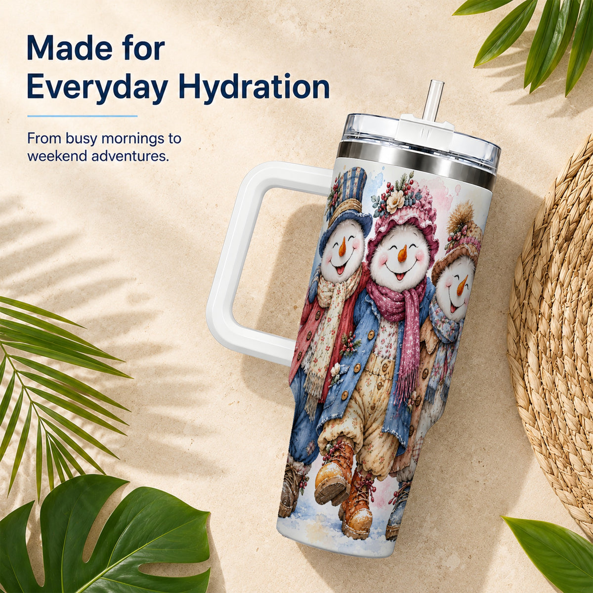 #pl[40oz|White] Floral Snowman Trio 40oz Tumbler, Winter Stainless Steel Travel Cup